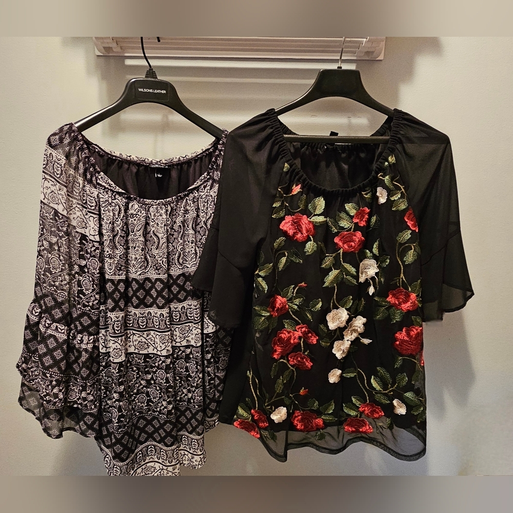 Roz & Ali Lot of 2 Tops Shirts Embroidered Boho Flowy Work Casual Size Large